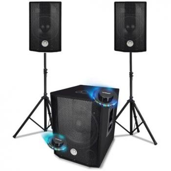 Kit SONO Triphonique 1000 W – Caisson bi‑amplifié + USB/Bluetooth + SUB 30 cm + 2 SAT 8 + câbles + pieds + éclairage