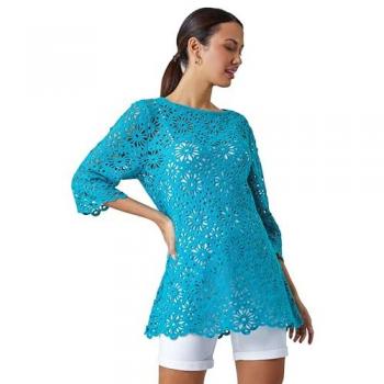 Beachside Floral Cotton Crochet Blouse – Turquoise, UK 14
