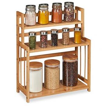 Adjustable Bamboo Spice Rack, 3-Shelf Kitchen Organizer, Natural Finish (50 x 41.5 x 18 cm)