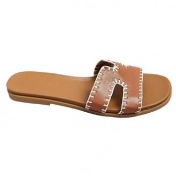 Stitched Brown Faux Leather Mule Sandals for Women – 5EEE