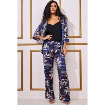 Goddiva Women's Navy Printed Satin Pants