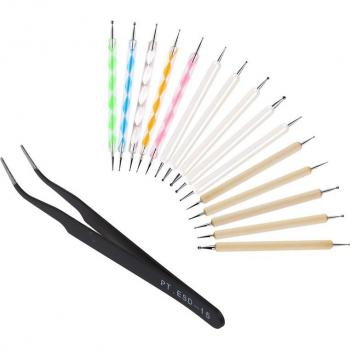 Curved Tweezers with 15-Piece Dotting Tool Set for Crafts