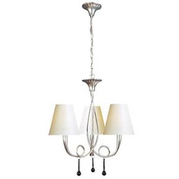 Suspension Paola 3 Ampoules E14, argent avec abat-jour crème et décor en verre noir