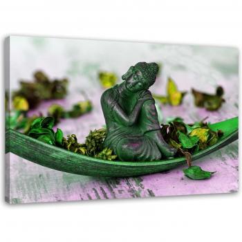 Statuetta di Buddha con Petali di Fiori su Tela 60x40 Verde