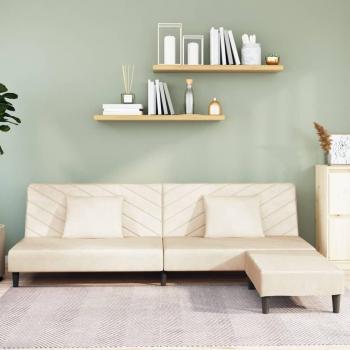 Sofá de 2 plazas con almohadas y otoman terciopelo crema