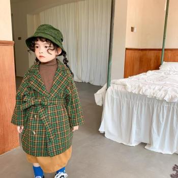 Korean Style Double Breasted Long Coat with Belt for Girls
