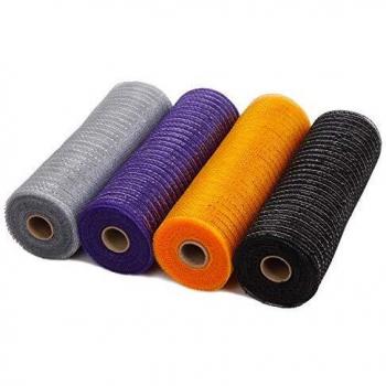 RUSPEPA Foil Mesh Wreath Ribbon – 25.4 cm x 9.14 m – 4‑Pack Set – Orange, Silver, Black, Purple