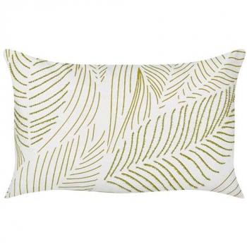 Cuscino Decorativo Rectangolare in Cotone Bianco e Verde con Ricamo di Foglie 30 x 50 cm Sfoderabile Fatta a Mano