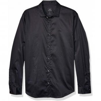 Armani Exchange A|X Herren Hemd mit Button-Down-Kragen, schwarzer Satin-Baumwollstoff, Long Sleeve, L