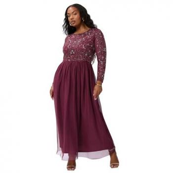 Elegant Burgundy Hand-Embroidery Maxi Dress (Size 20)
