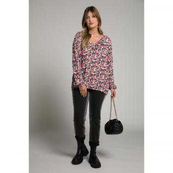 Plus Size Long Sleeve V-Neck Blouse with Floral Print, Ruffle Detail, Women's 28/30, White, Viscose
