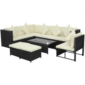 Black 8-Piece Outdoor Garden Lounge with Cushions in Poly Rattan
