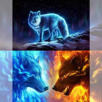 Starry Ice Fire Wolf Diamond Embroidery 20x30 Black