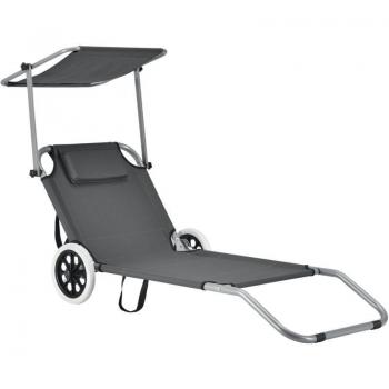 Transat de plage avec brise-soleil et roulettes en polyester gris
