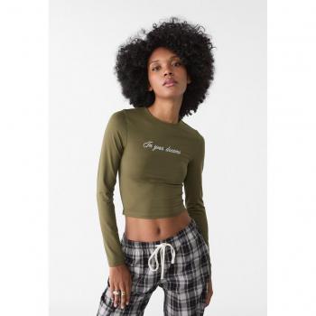 Stradivarius Khaki Text Embroidered T-shirt S