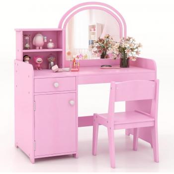 Postazione Trucco Bambina 80x40x94 cm, Luci LED Regolabili – Rosa