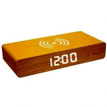 Réveil LED Bois Beige et Jaune Chargeur inductif H3 x 7,6 x 16 cm
