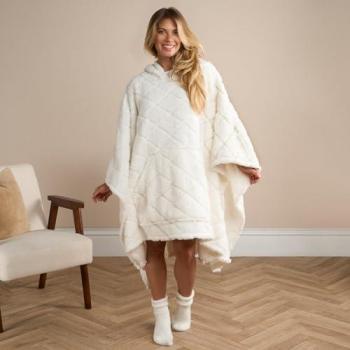 Cream Velvet Fleece Hoodie Poncho