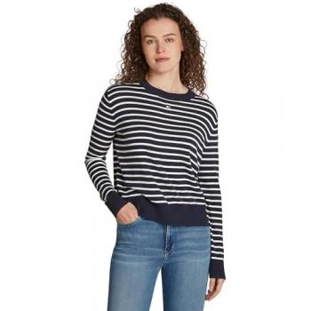 Tommy Jeans Damen Strickpullover TJW ESSENTIAL CREW NECK SWEATER mit Logostickerei, Rundhalsausschnitt, navy/weiß gestreift