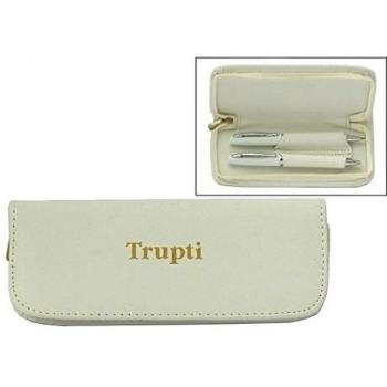 Set de pluma en estuche de cuero sintético blanco con nombre grabado: Trupti