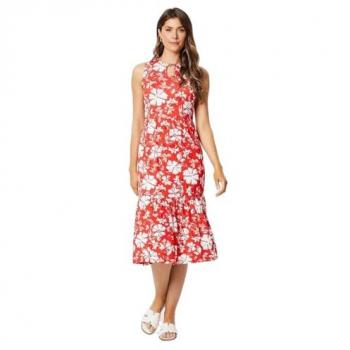 Coral Floral Jersey Midi Dress with Keyhole for Women