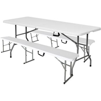 Set Mesa Jardín 180 cm + 2 Bancos Plástico HDPE Blanco