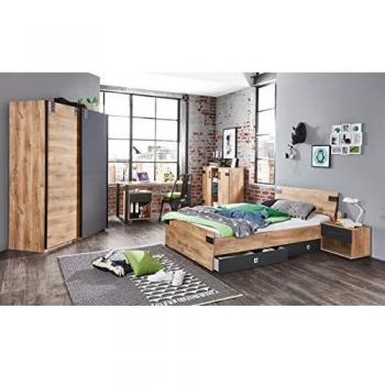 PEGANE Ensemble Chambre Enfant/ado complète imitation chêne poutre, rechampis graphite