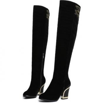 Suede Knee High Boots for Women with Zipper, Chunky Heels and Metal Features