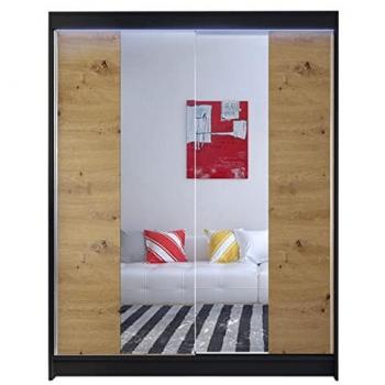 Armoire Atlanta 141 – Noir, Portes coulissantes, Miroir intégré, Éclairage LED