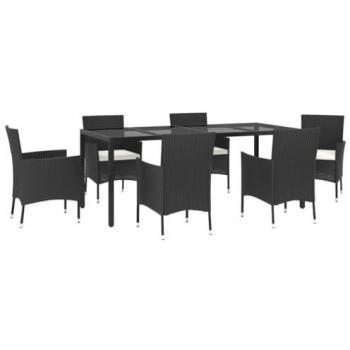 7 Piece Weather Resistant Black Poly Rattan Garden Dining Set with Cushions
