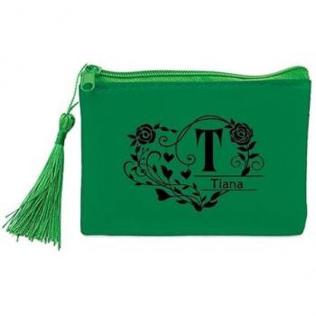 Porte-monnaie et porte-clés vert avec prénom, motifs cœur personnalisables