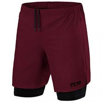 Zippered TCA Ultra Shorts for Men – 2‑in‑1 Run & Gym, Black/Cabernet (M)