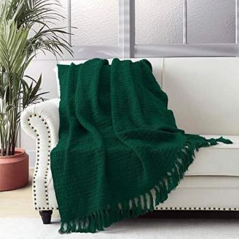 Chic Boho Green Basket Weave Blanket with Decorative Fringe