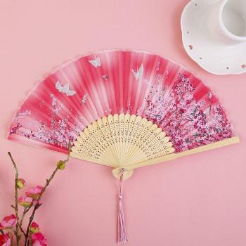 Chinese Japanese Pattern Silk Folding Fan 7-Inch Vintage Style