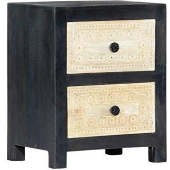 Mesita de noche tallada madera maciza de mango gris 40x30x50 cm para habitación, dormitorio, salón, estudio, moderno