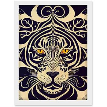 Artery8 Symmetrical Tiger Illustration – Yellow Eyes, Cream & Black Stripes on White Background (Framed A4)