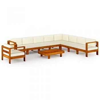 Acacia Wood Garden Lounge Set with 10 Pieces and Cream Cushions