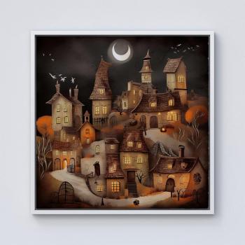 Gothic Halloween Village Print on Canvas – 40” Square, Orange