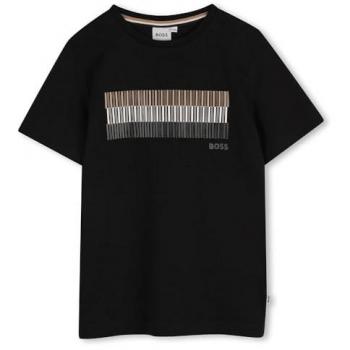 BOSS Niño Camiseta Negra con Franja de Colores