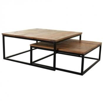 Set doble de mesas de centro Wanderlust Deco – 75 × 75 × 34 cm + 65 × 65 × 28 cm en metal y madera