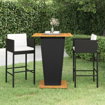 Bar de jardin 3 pièces avec coussins en résine tressée noir