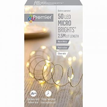 Premier MicroBrights Indoor Outdoor Christmas Multi Function Battery Operated Lights with Timer on Pin Wire