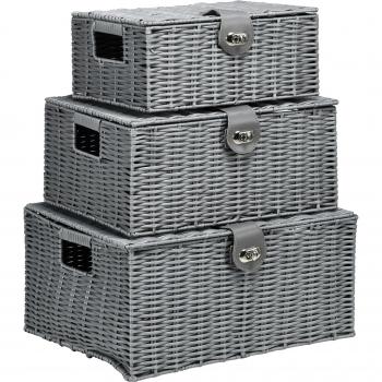 Set di 3 Cesti in Vimini pp con Coperchio di Diverse Dimensioni, Grigio