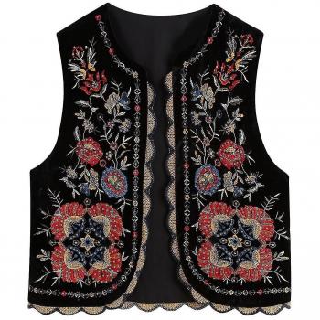 Gilet Femme Fleurs Brodé Velours Noir L
