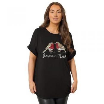 Evans Damen Kurzarm-T-Shirt Weihnachts-Robin Schwarz