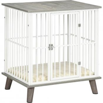 Grey Dog Crate Furniture Pet Kennel with Lockable Door and Cushion