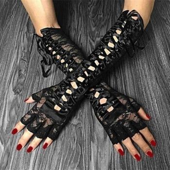 Guantes de encaje para mujer, largos, sin dedos, Halloween, color negro