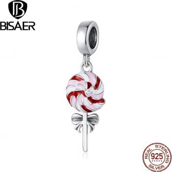 BISAER Candy Bead Charm 925 Sterling Silver Pink Enamel for Bracelets