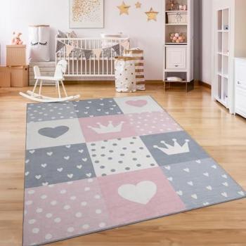Paco Home Kinderteppich Eliz 391, rechteckig, 12 mm Höhe, Kurzflor, rutschfest, Spielteppich mit Patchwork-Muster und Motiven von Krone, Herz & Punkten
