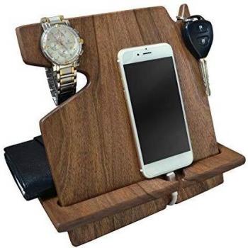 Wooden Phone Docking Station – Dark Walnut, Key & Wallet Stand